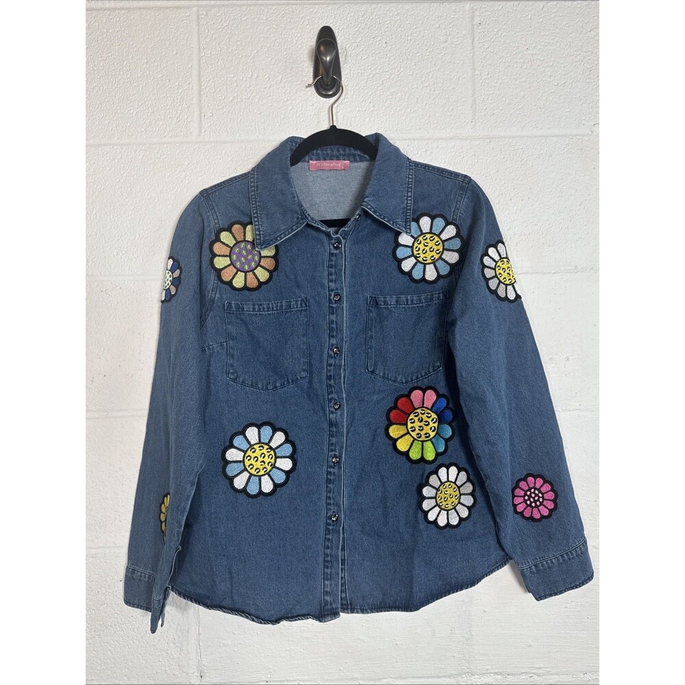 JJ’s Fairyland Denim‎ Shirt Small Flower Power Appliqué Jacket 100% Cotton Y2K